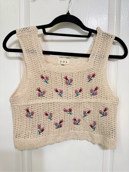 POL Tops - H184 POL OS fit S M Best pp16-18 Cream Crocheted Floral Tank  Pink Teal Embroid